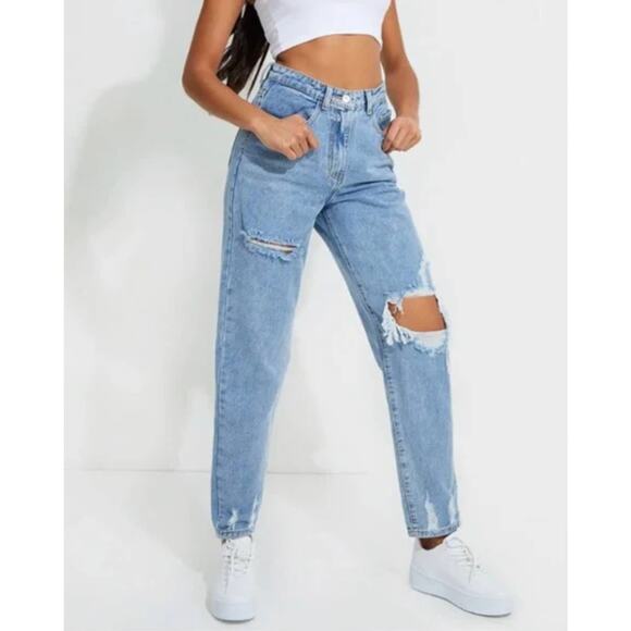 PrettyLittleThing Distressed Boyfriend Straight Leg High Rise Jeans Size 8 NWT - Picture 1 of 10